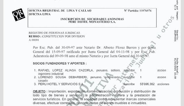 Documento que prueba que la empresa deudora es de Rafae López Aliaga y que luego se fusionó.