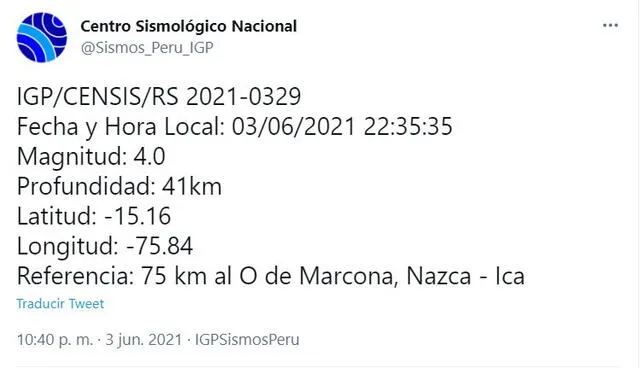 Datos del temblor en Ica. Foto: captura Twitter