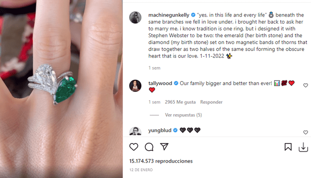 Anillo de compromiso de Megan Fox contiene una esmeralda y un diamante. Foto: Machine Gun Kelly/Instagram.