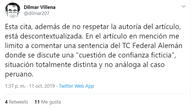 Tuit del constitucionalista Dilmar Villena.