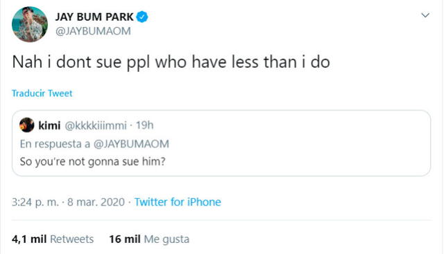 Tweet de Jay Park sobre si demandaría a Brian Ortega por golpearlo.