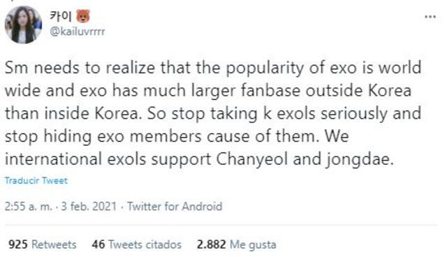 Críticas al sector de k-fans que atacan a Chanyeol de EXO. Foto: Twitter