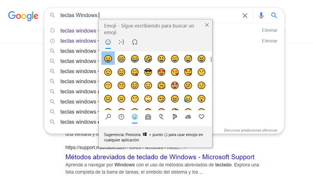 Menú oculto de emojis de Windows 10