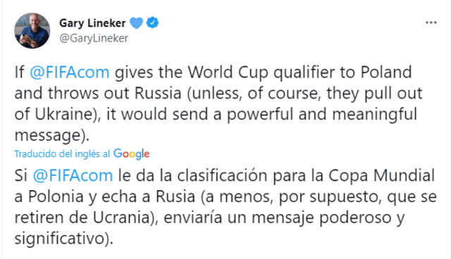 El mensaje de Gary Lineker sobre una posible sanción a la selección de Rusia. Foto: captura Twitter @GaryLineker