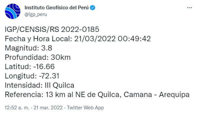 Datos del sismo en Arequipa. Foto: captura Twitter