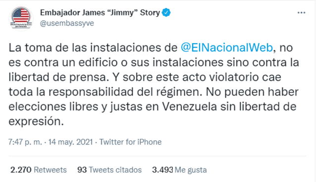 Tuit de James Story. Foto: Captura de Twitter