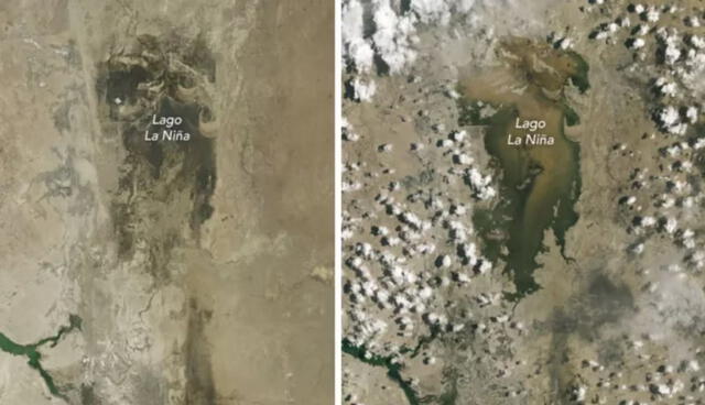  Imágenes de la NASA, registradas el 24 de febrero y el 12 de marzo, muestran agua adicional que se acumuló en el lago La Niña, una laguna efímera que se llena cuando las lluvias son inusualmente intensas. Foto: NASA   