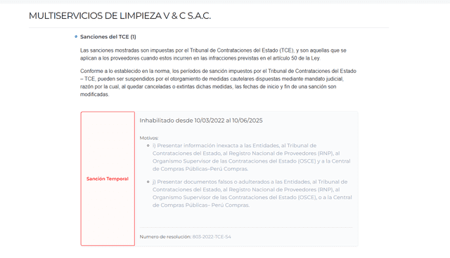  Multiservicios de Limpeza V&amp;C S.A.C ganó la buena pro. Foto: TCE    