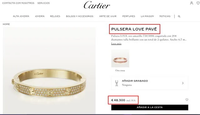 'Pulsera Love' en la página oficial de la tienda. Foto: web de Cartier   