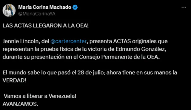 María Corina Machado indica que no pararán hasta 