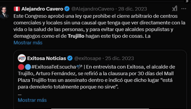 Alejandro Cavero se pronunció en diciembre de 2023 a través de su cuenta de X. Foto: La República.   