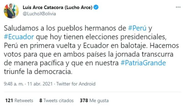 El presidente de Bolivia se expresó sobre el "superdomingo" electoral en la región. Foto: captura de Twitter