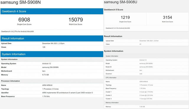 Samsung Galaxy S22 Ultra en Geekebench