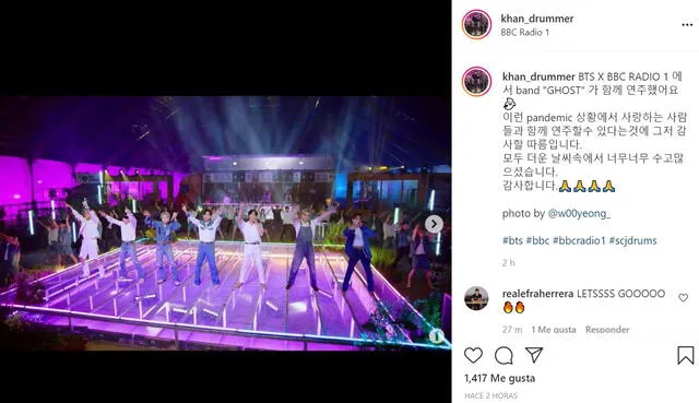 Post de baterista que acompañó a BTS en la presentación de BBC Radio 1. Foto: captura Instagram