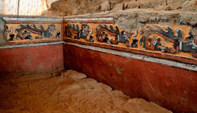 Destacan pinturas en muro hallados en Huaca Banderas. Foto: UE Naylamp