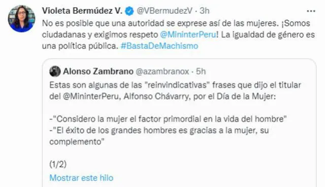 La exprimera ministra mostró su disconformidad con las frases machistas del ministro del Interior. Foto: Captura Twitter