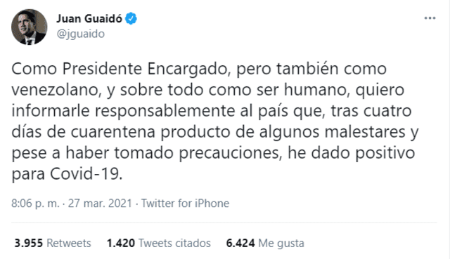 Tuit de Juan Guaidó. Foto: captura de Twitter