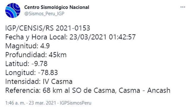 Datos del temblor en Áncash, según IGP. Foto: Twitter