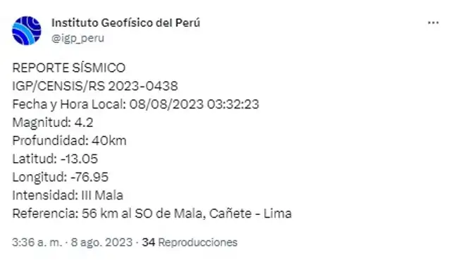 Datos del sismo en Lima. Foto: IGP Datos del sismo en Lima. Foto: IGP