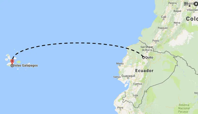  Las Islas Galápagos se encuentran a 1.395 km de la capital de Ecuador. Foto: Google Maps   