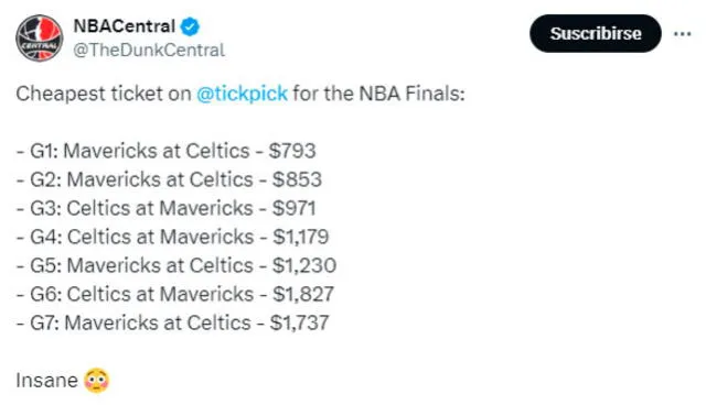 Precios de las entradas más baratas a las NBA Finals 2024. Foto: TheDunkCentral / X   