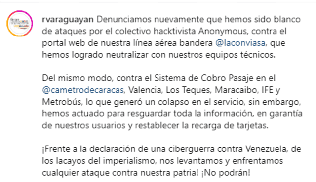 Anonymous fue denunciado por el ministro de Transporte por el intento de hackeo a cuentas del Gobierno Nacional. Foto: Instagram   