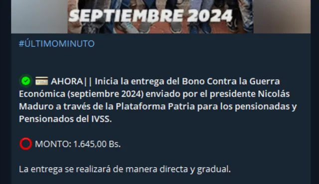 El pago del Bono de Guerra para los pensionados llegó el 20 de septiembre. Foto: Canal Patria Digital/ Telegram