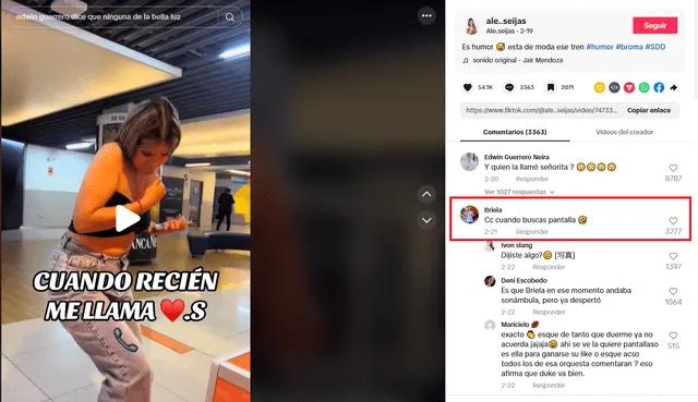 Respuesta de Briela Cirilo a la broma de Ale Seijas. Foto: TikTok. Respuesta de Briela Cirilo a la broma de Ale Seijas. Foto: TikTok.