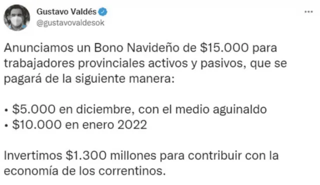 gobernador Gustavo Valdés sobre el bono de 15.000 en Argentina. Foto: captura Twitter