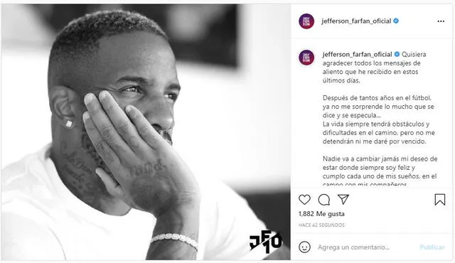 Jefferson Farfán se pronunció en su Instagram tras nueva lesión.