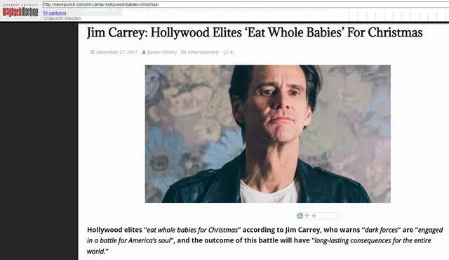 Archivo de 2017 recuperado sobre el bulo relacionado a Jim Carrey. Foto: capturas en Wayback Machine.