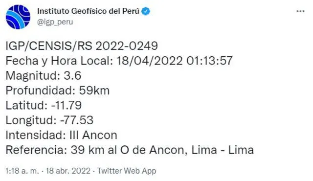 Datos del sismo. Foto: captura de Twitter @igp_peru