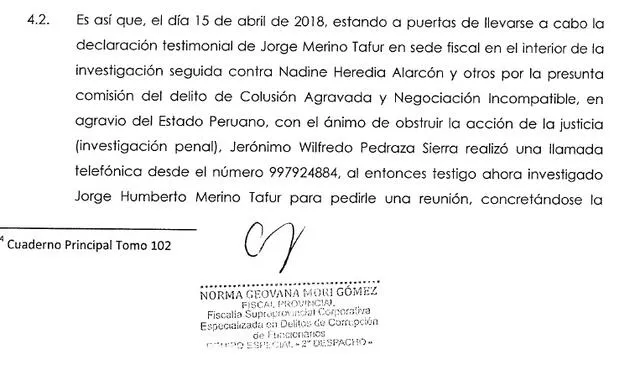 Disposición fiscal que incluye a Wilfredo Pedraza como investigado en la carpeta del caso Gasoducto Sur.