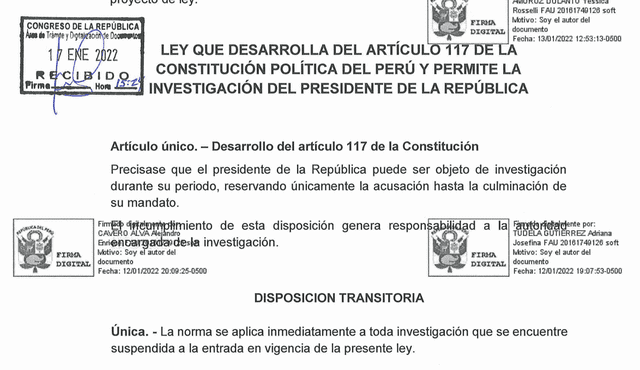 Proyecto de ley con el que se busca que Pedro Castillo sea investigado mientras sea presidente. Foto: documento