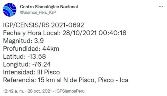 Datos del sismo en Ica. Foto: captura de Twitter @Sismos_Peru_IGP