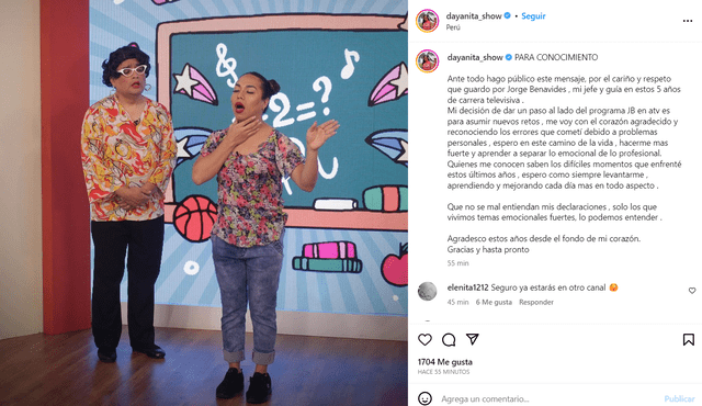  Dayanita confirma su salida de "JB en ATV" y se despide por redes sociales. Foto: Instagram/Dayanita 