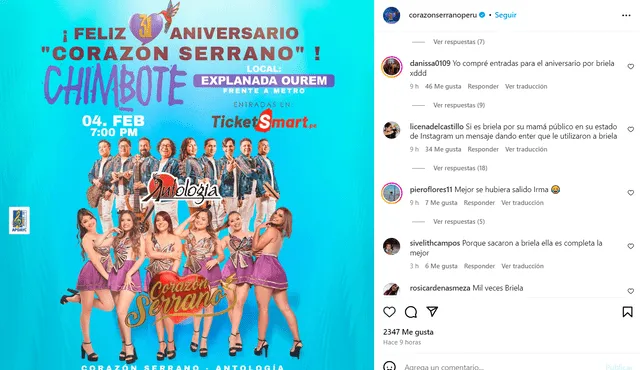 Corazón Serrano announces new concert without Briela Cirilo.  Photo: Instagram capture/Corazón Serrano   