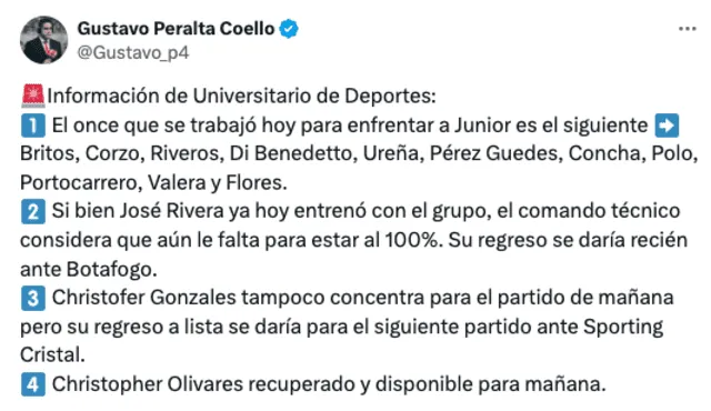 José Rivera se perdió 2 partidos del grupo D de la Copa Libertadores 2024. Foto: Twitter/Gustavo Peralta.   