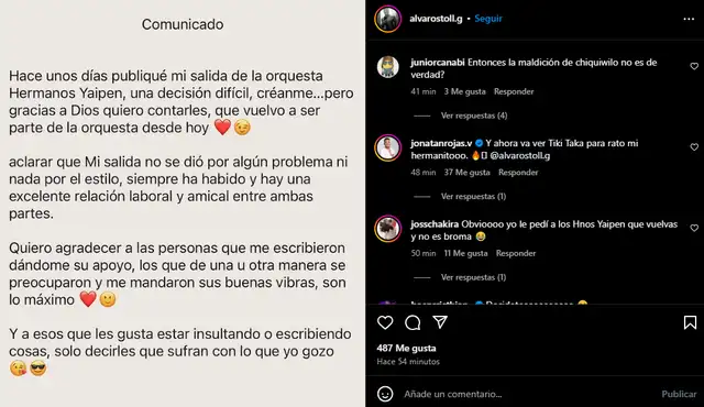 Álvaro Stoll se pronuncia en sus redes sociales. Foto: Instagram/Álvaro Stoll   