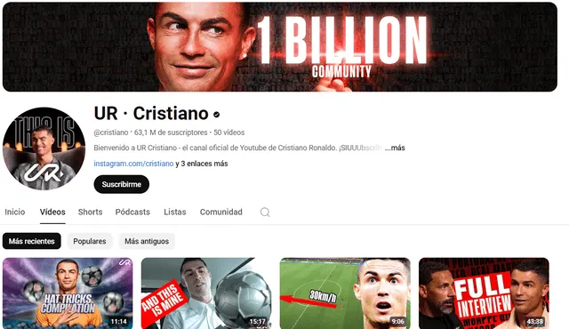 Así luce el feed del canal de YouTube de Cristiano Ronaldo. Foto: Youtube/captura   