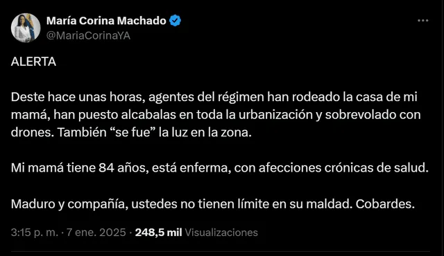 Publicación de María Corina Machado sobre la denuncia de hostigamiento hacia su madre por parte del régimen de Nicolás Maduro. Foto: captura de X/@MariaCorinaYa.   