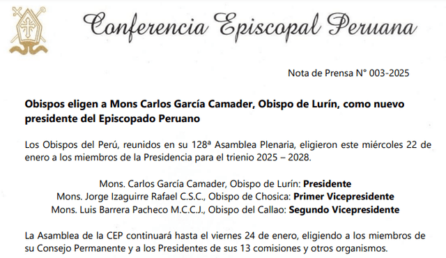  Comunicado de la Conferencia Episcopal Peruana.   