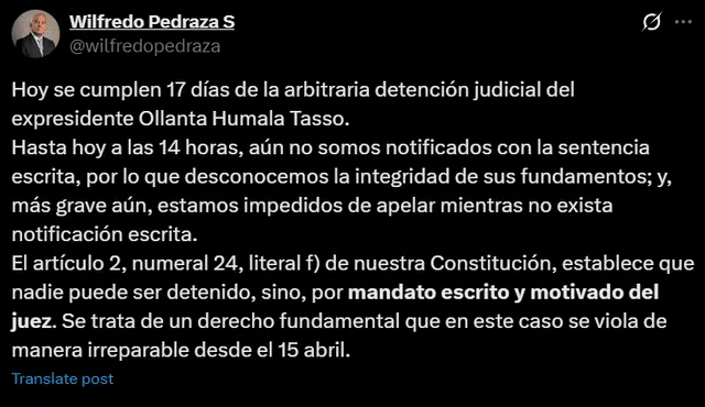 Wilfredo Pedraza denunció que aún no cuentan con la sentencia escrita de Ollanta Humala. Wilfredo Pedraza denunció que aún no cuentan con la sentencia escrita de Ollanta Humala.