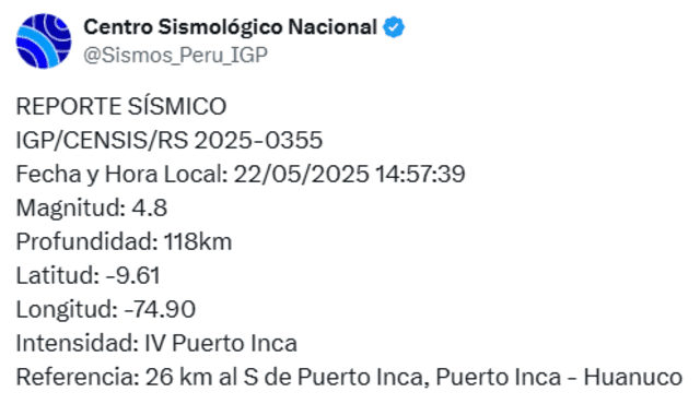 Sismo reportado hoy en Huánuco. Foto: IGP Sismo reportado hoy en Huánuco. Foto: IGP
