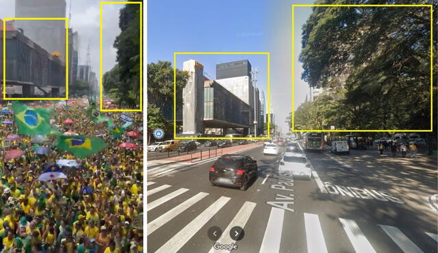 <em>Escena del video viral (izquierda) y su ubicación en el mapa vial (derecha). En amarillo, los elementos coincidentes. Foto: captura de X / Google Street View</em>   