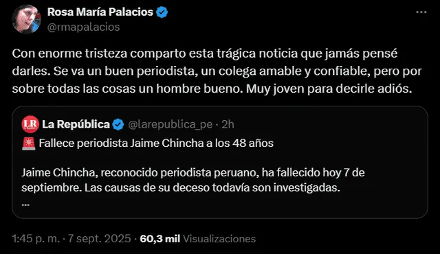  Rosa María Palacios se despidió de Jaime Chincha en un sentido mensaje.    