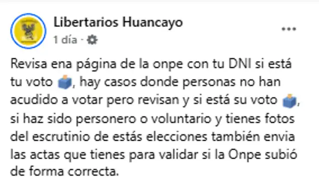 Páginas señalan erróneamente que tu voto queda registrado en la página del organismo electoral. Foto: Facebook   