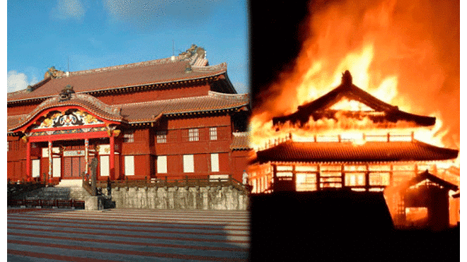 Incendio en Castillo Shuri de Okinawa. Foto: Composición