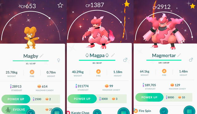 Magby, Magmar y Magmortar shiny en Pokémon GO. Foto: Pokémon GO