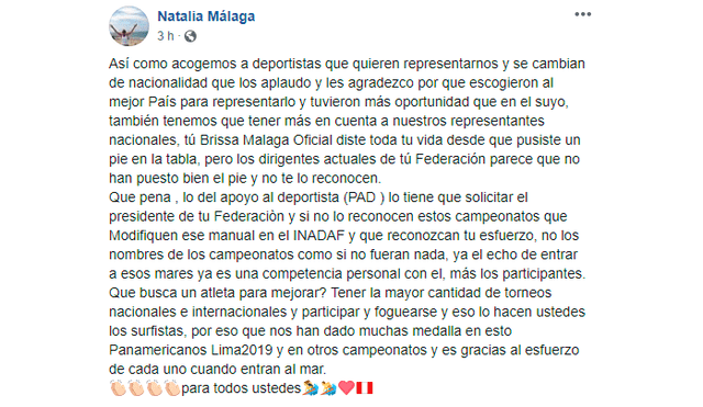 Natalia Málaga usó sus redes sociales para hacer la denuncia contra la Federación Deportiva de Tabla.